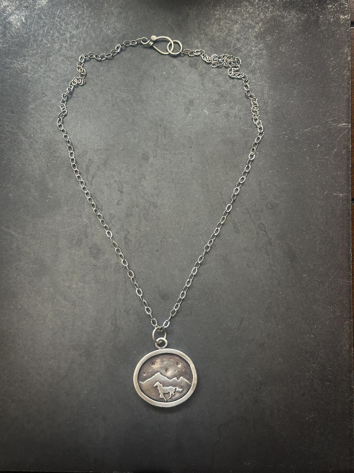 Sterling Silver Horse Necklace | Galloping Horse Mountain Scene Silver Necklace
