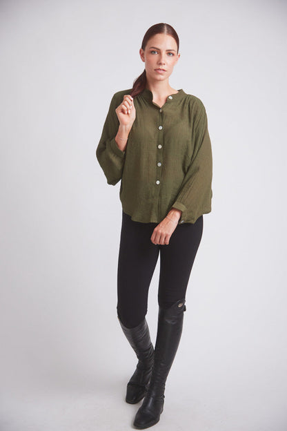 Lee | Mandarin Collar Button Blouse | Moss Green