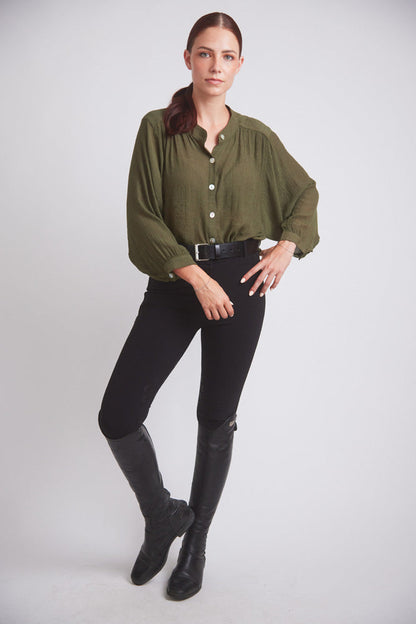 Lee | Mandarin Collar Button Blouse | Moss Green
