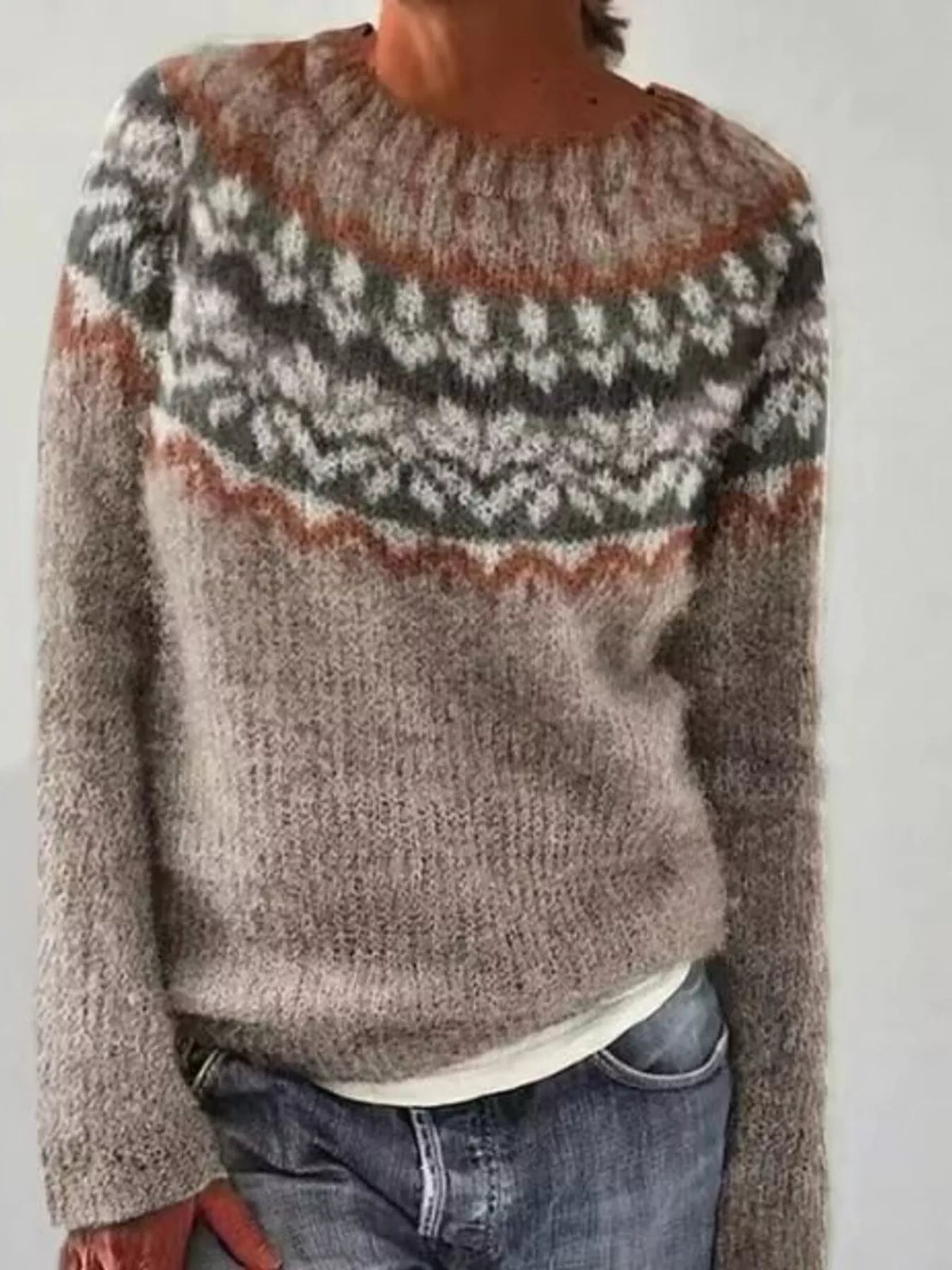 Full Size Vintage Patterned Round Neck Sweater Plus Size