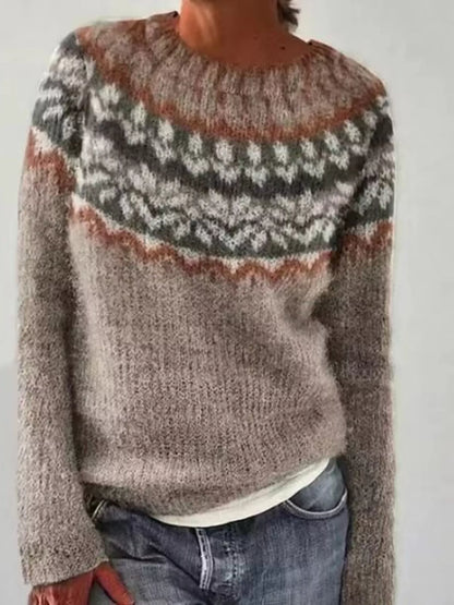 Full Size Vintage Patterned Round Neck Sweater Plus Size