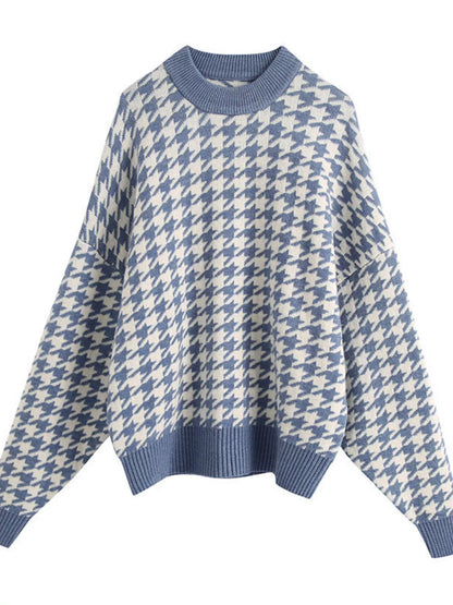 Full Size Houndstooth Pattern Oversized Sweater Plus Size