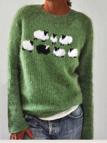 Full Size Vintage Patterned Round Neck Sweater Plus Size