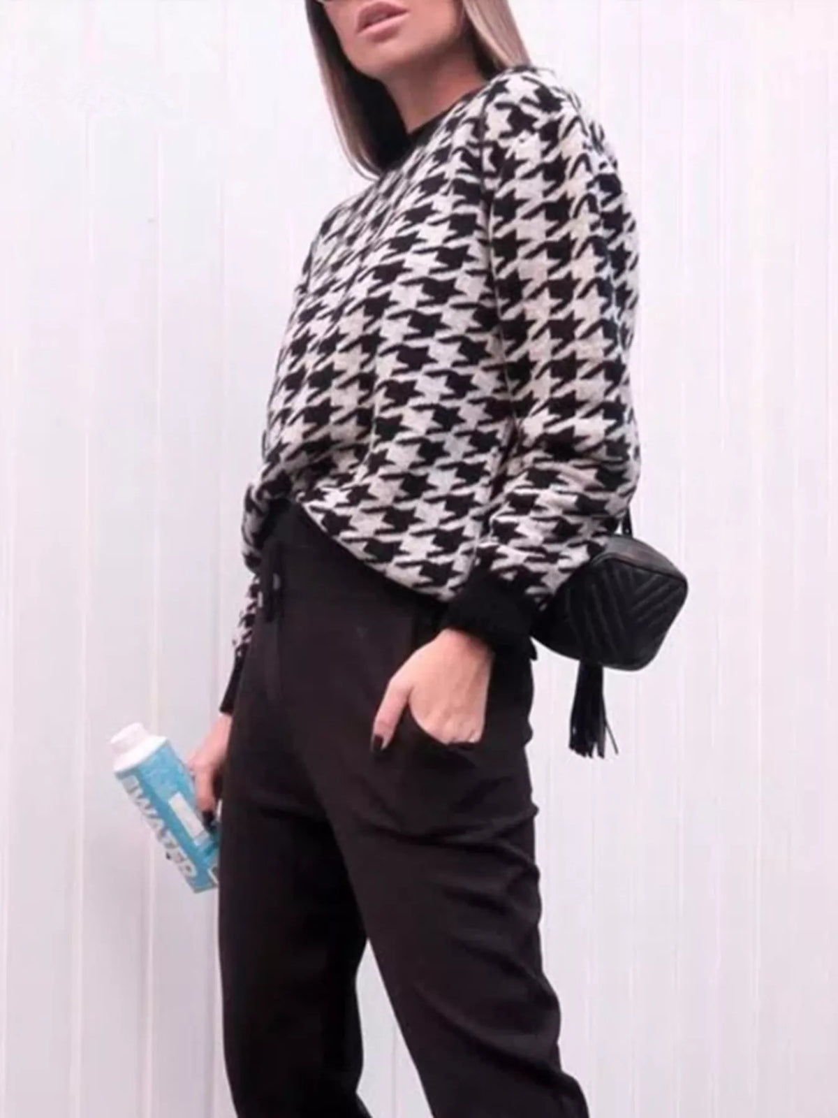 Full Size Houndstooth Pattern Oversized Sweater Plus Size