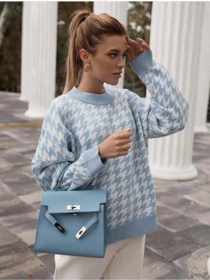 Full Size Houndstooth Pattern Oversized Sweater Plus Size