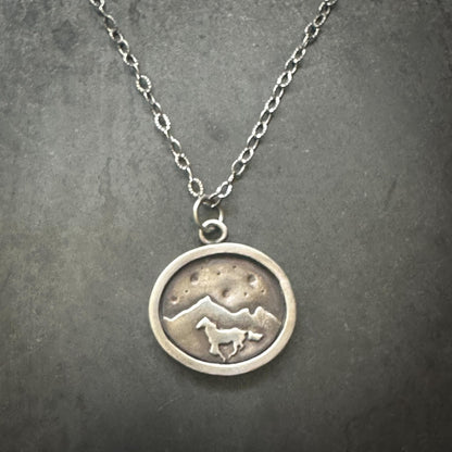Sterling Silver Horse Necklace | Galloping Horse Mountain Scene Silver Necklace