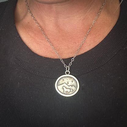 Sterling Silver Horse Necklace | Galloping Horse Mountain Scene Silver Necklace