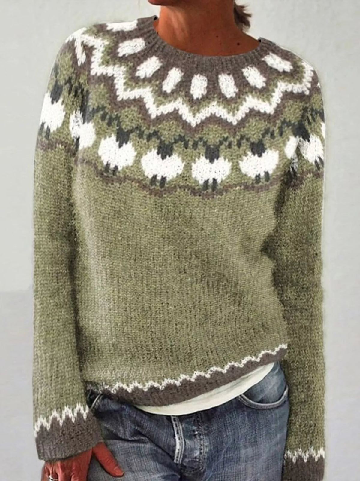 Full Size Vintage Patterned Round Neck Sweater Plus Size