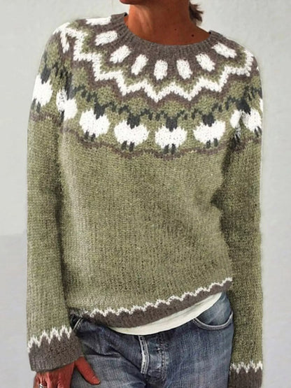 Full Size Vintage Patterned Round Neck Sweater Plus Size