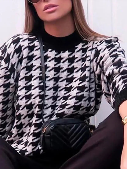 Full Size Houndstooth Pattern Oversized Sweater Plus Size
